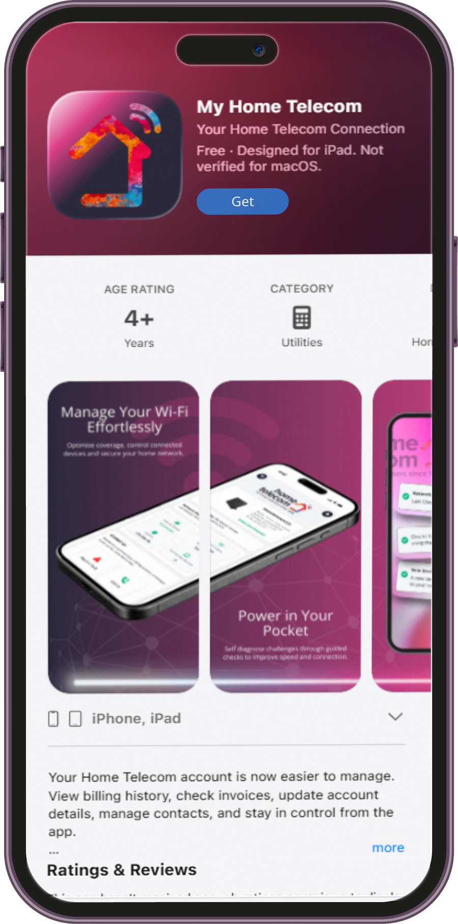The My Home Telecom app shown on a phone